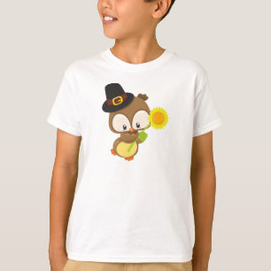 Thanksgiving Owl, Brown Owl, Pilgrim Hat, Flower T-Shirt