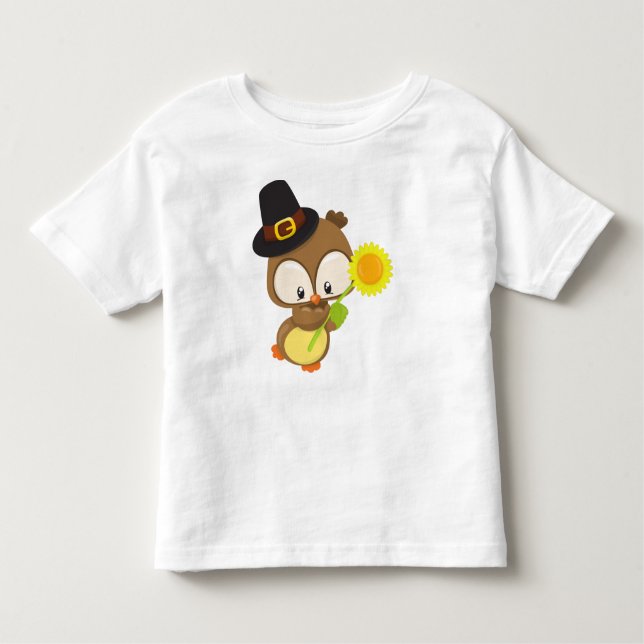 Thanksgiving Owl, Brown Owl, Pilgrim Hat, Flower Toddler T-Shirt (Front)