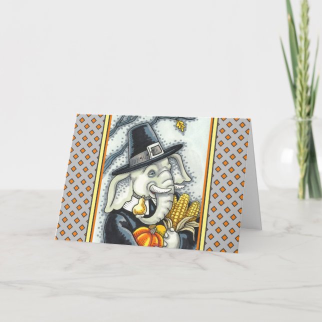 THANKSGIVING PACHYDERM, THANKFUL PILGRIM ELEPHANT HOLIDAY CARD (Front)