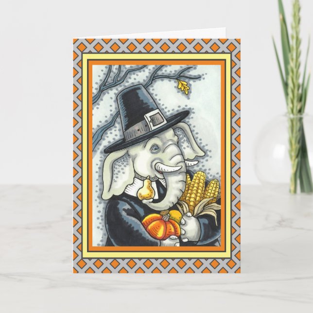 THANKSGIVING PACHYDERM, THANKFUL PILGRIM ELEPHANT HOLIDAY CARD (Front)