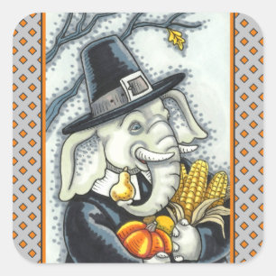 THANKSGIVING PACHYDERM, THANKFUL PILGRIM ELEPHANT SQUARE STICKER