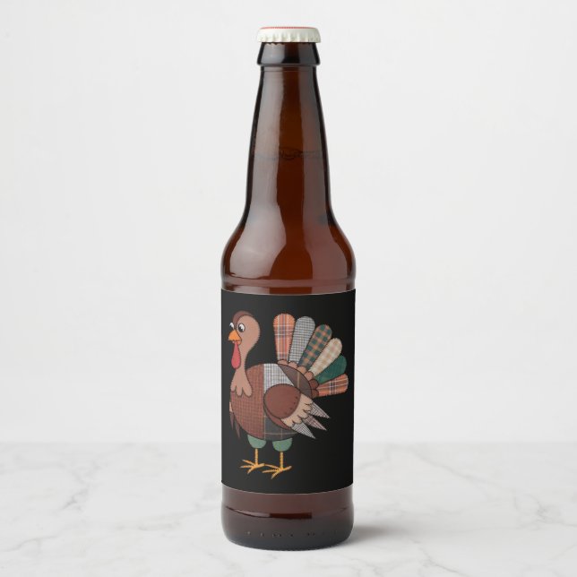 Thanksgiving Patchwork Quilted Turkey Fall Beer Bottle Label (Front)