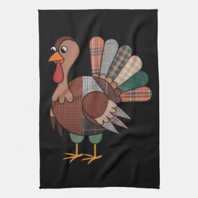 Thanksgiving Patchwork Quilted Turkey Fall Tea Towel (Vertical)