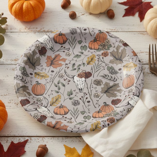 Thanksgiving Pattern Cow Skull Fall Harvest Paper Plate (Chic Rustic Floral Cow Skull Pattern Autumn Paper Plates. Country Western & Slightly Gothic Style)