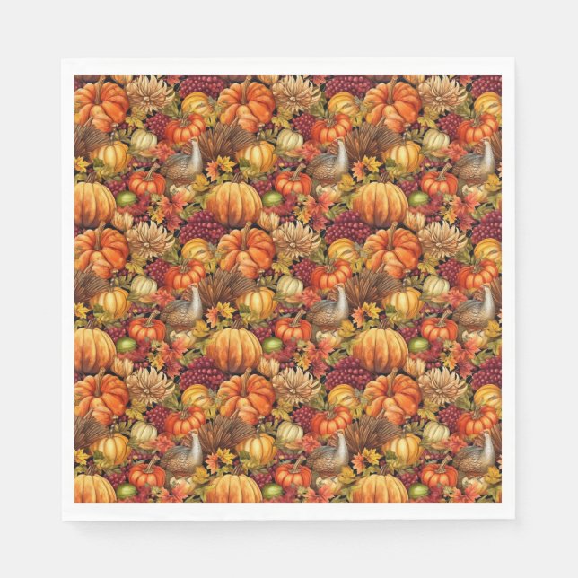 Thanksgiving Pattern Pumpkins Turkey Fall Foliage Napkin (Front)