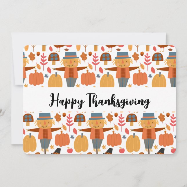 Thanksgiving Pattern with Turkeys & Scarecrows Holiday Card (Front)