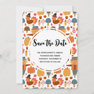 Thanksgiving Pattern with Turkeys & Scarecrows Save The Date