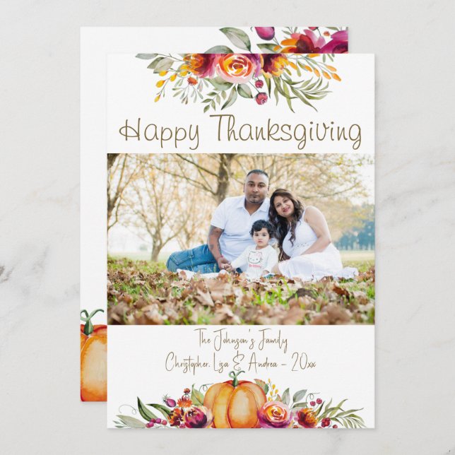Thanksgiving photo card with pumpkins and leaves (Front/Back)