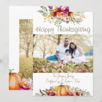 Thanksgiving photo card with pumpkins and leaves