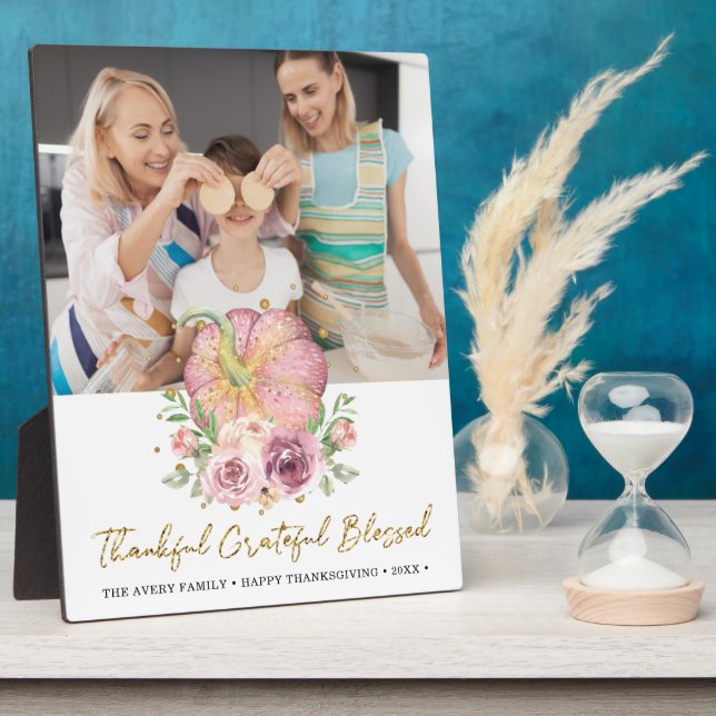 Thanksgiving Photo Personalised Pumpkin Pink Plaque (Side)