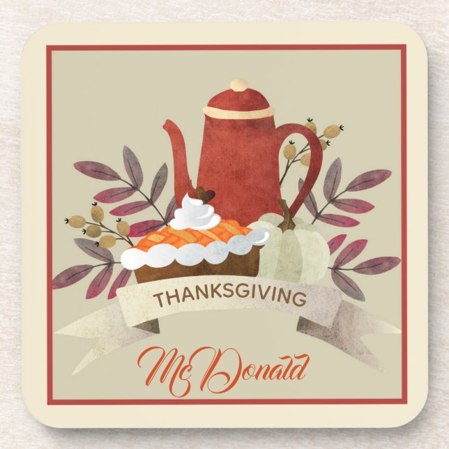 Thanksgiving Pie and Coffee Pot Design Coaster (Front)