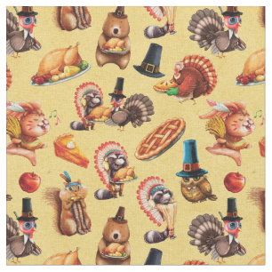 Thanksgiving Pie Turkey Animals Pumpkin Pattern Fabric