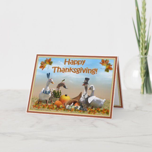 Thanksgiving Pilgrim and Indian Ducks Holiday Card (Front)