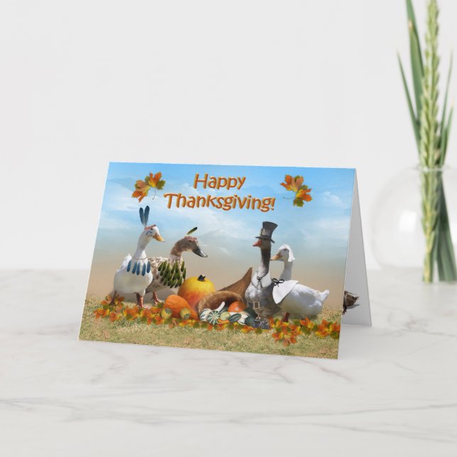 Thanksgiving Pilgrim and Indian Ducks Holiday Card (Front)