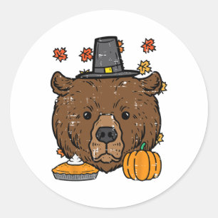 Thanksgiving Pilgrim Bear Cute Fall Autumn Men Wom Classic Round Sticker