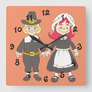 Thanksgiving Pilgrim Boy And Girl Square Wall Clock