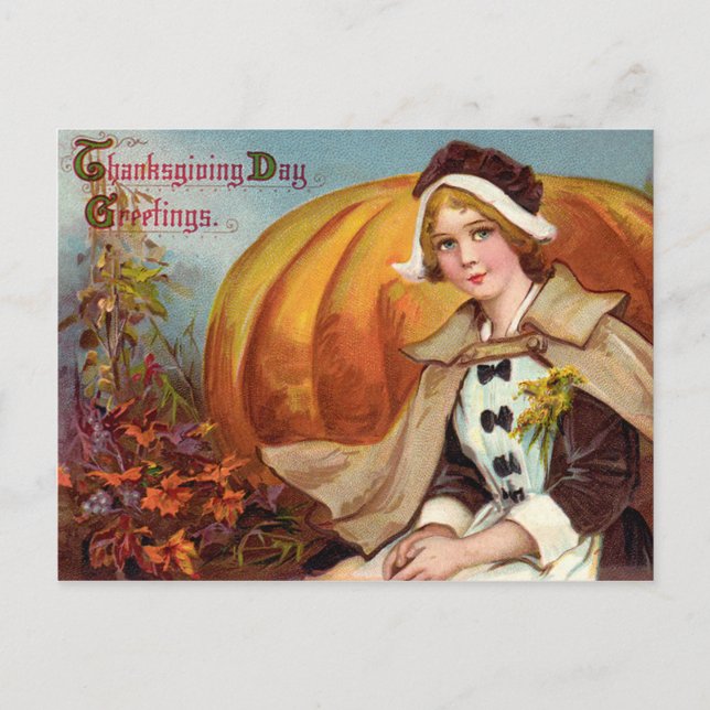 Thanksgiving Pilgrim Girl With Pumpkin Holiday Postcard (Front)