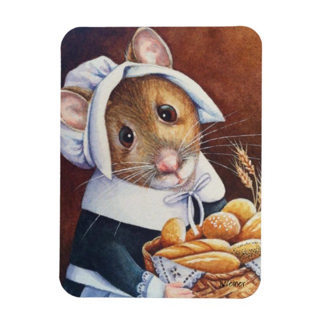 Thanksgiving Pilgrim Mouse Bread Basket Art Magnet (Vertical)