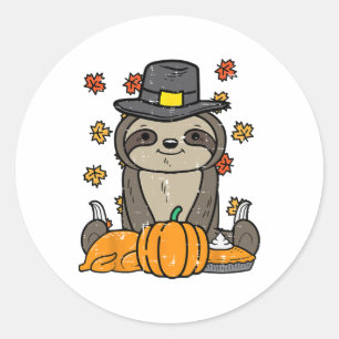 Thanksgiving Pilgrim Sloth Cute Fall Autumn Men Wo Classic Round Sticker