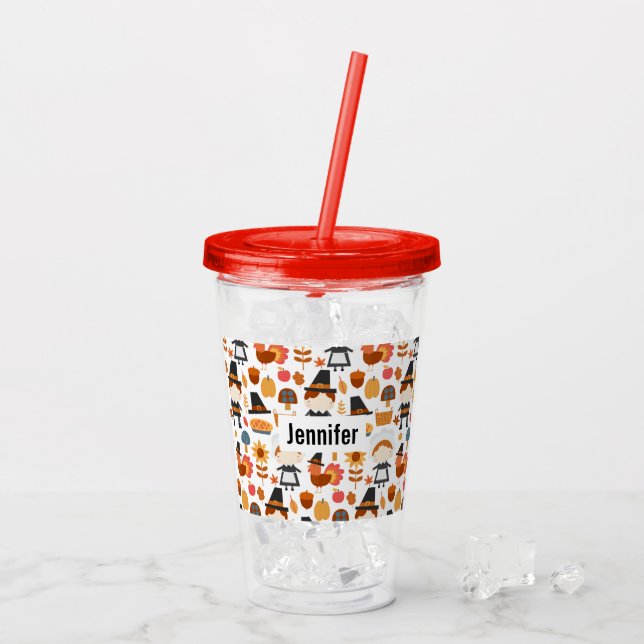 Thanksgiving Pilgrims Harvest Pattern Acrylic Tumbler (Back Ice)