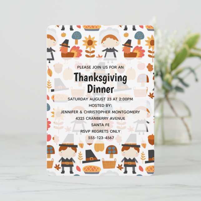 Thanksgiving Pilgrims Harvest Pattern Dinner Invitation (Standing Front)