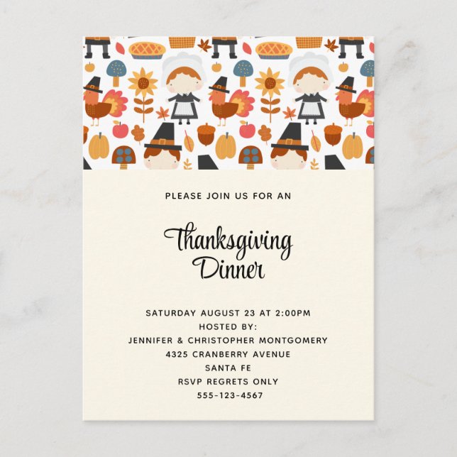 Thanksgiving Pilgrims Harvest Pattern Dinner Invitation Postcard (Front)