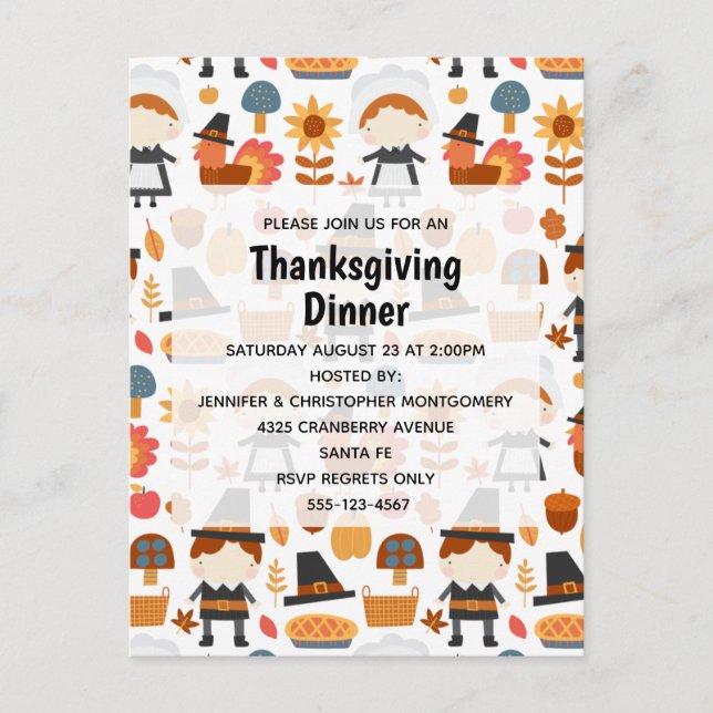 Thanksgiving Pilgrims Harvest Pattern Dinner Invitation Postcard (Front)