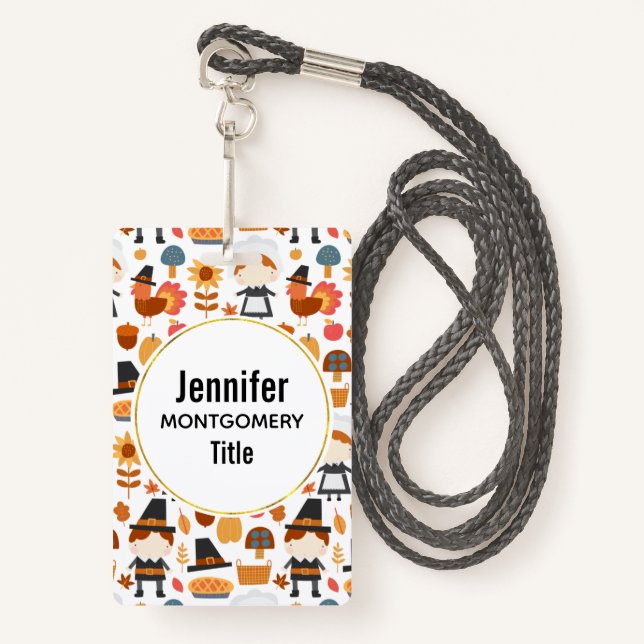 Thanksgiving Pilgrims Harvest Pattern ID Badge (Front with Lanyard)