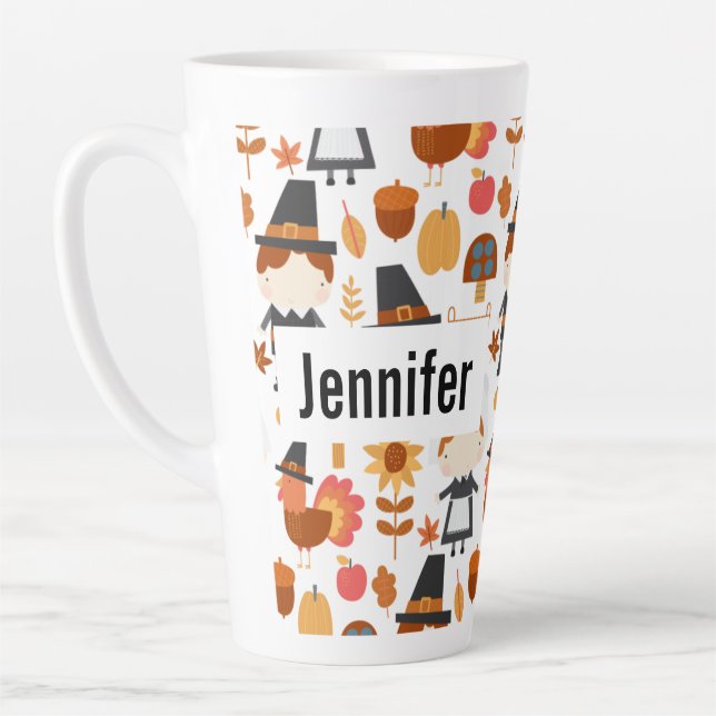 Thanksgiving Pilgrims Harvest Pattern Latte Mug (Left)