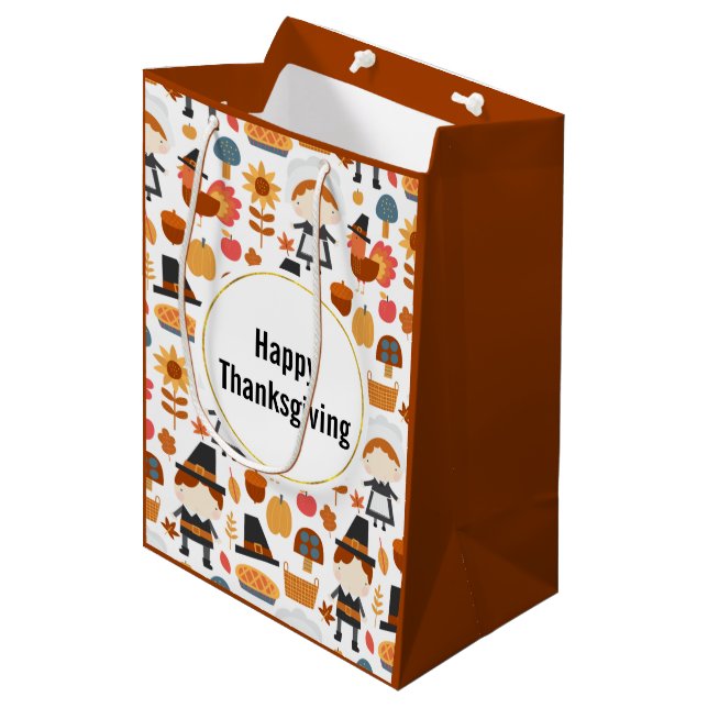 Thanksgiving Pilgrims Harvest Pattern Medium Gift Bag (Front Angled)