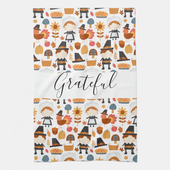Thanksgiving Pilgrims Harvest Pattern Tea Towel (Vertical)