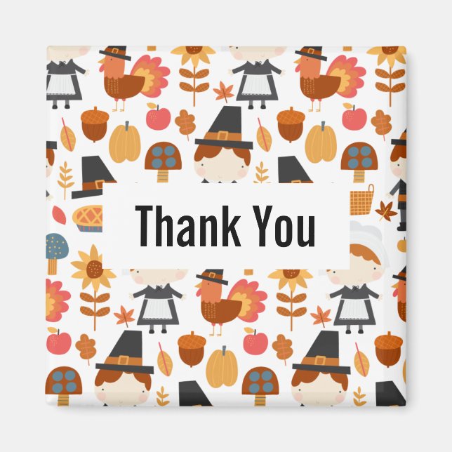 Thanksgiving Pilgrims Harvest Pattern Thank You Magnet (Front)