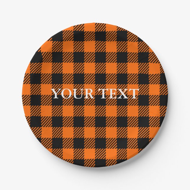 Thanksgiving Plaid Pattern In Black And Orange Paper Plate (Front)