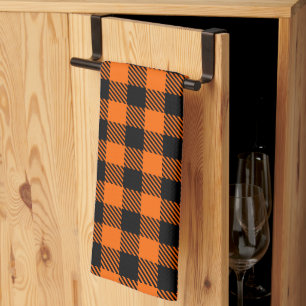 Thanksgiving Plaid Pattern In Black And Orange Tea Towel