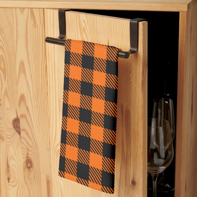 Thanksgiving Plaid Pattern In Black And Orange Tea Towel (Thirds Fold)
