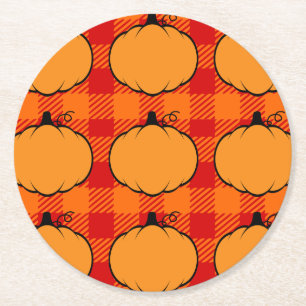 Thanksgiving Plaid Pumpkin Drawing Round Paper Coaster