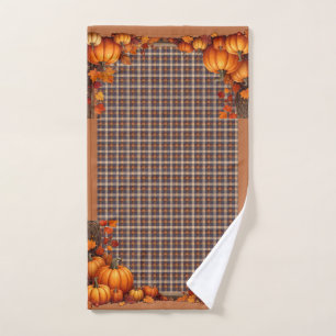 Thanksgiving Plaid with Pumpkin Border Hand Towel