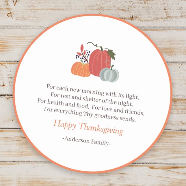 Thanksgiving Poem Country Rustic Autumn Pumpkins Classic Round Sticker (Creator Uploaded)