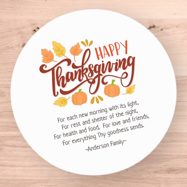 Thanksgiving Poem Country Rustic Pumpkin Foliage Classic Round Sticker (Creator Uploaded)
