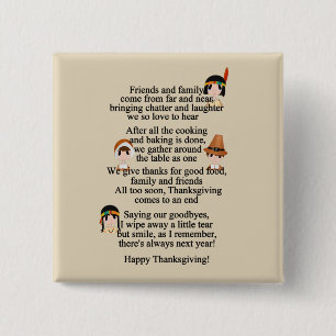 Thanksgiving poem Holiday Indians Pilgrims 15 Cm Square Badge