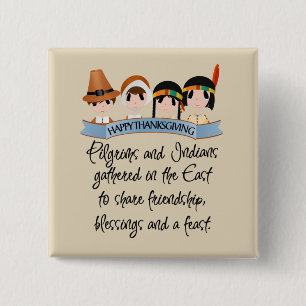 Thanksgiving poem Holiday Indians Pilgrims 15 Cm Square Badge
