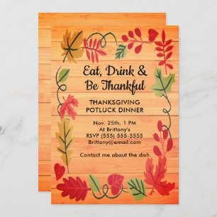 Thanksgiving Potluck Dinner Orange Wood Invitation