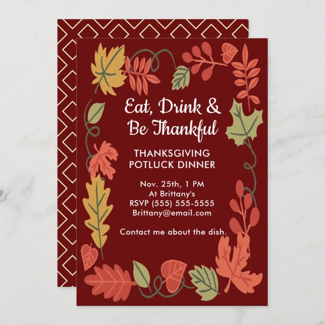 Thanksgiving Potluck Family Dinner Dark Red Invite (Front/Back)