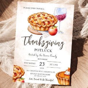 Thanksgiving Potluck Rustic Watercolor Pumpkin Pie Invitation