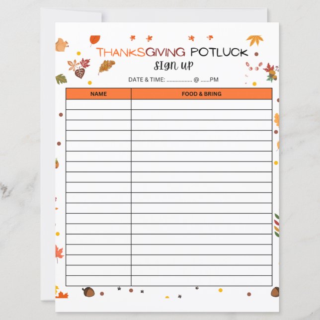 Thanksgiving Potluck Sign Up Sheet For Holiday  (Front)