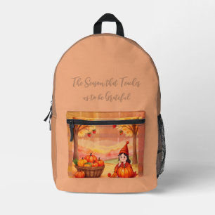 Thanksgiving, Pretty Little Girl and Pumpkins Printed Backpack