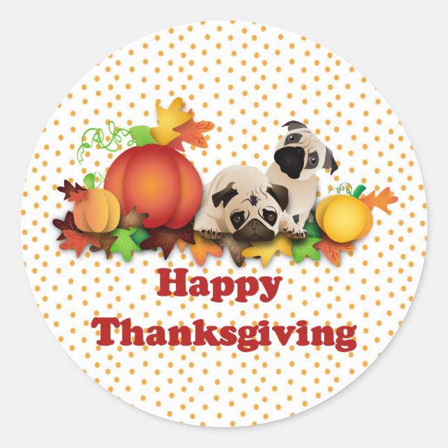 Thanksgiving Pugs and Pumpkins Classic Round Sticker (Front)
