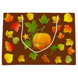 Thanksgiving Pumpkin & Autumn Leaves on Brown Large Gift Bag