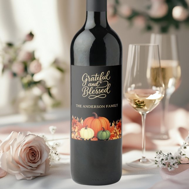Thanksgiving pumpkin black Grateful blessed Wine Label (Creator Uploaded)