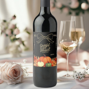 Thanksgiving pumpkin bow black Grateful Blessed Wine Label